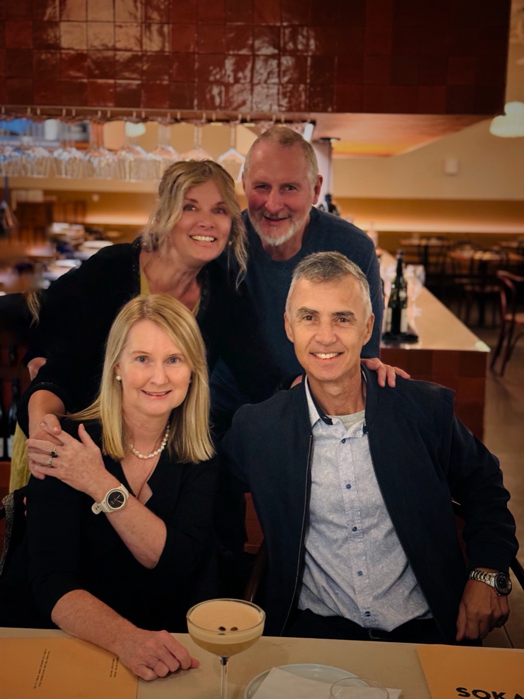 Lis, Gaz, Carol and Jes together at dinner